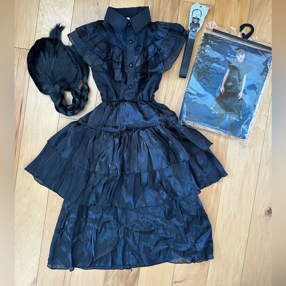 NEW Girls Black Ruffled Dress/ Halloween Costume with Wig & Belt NWT